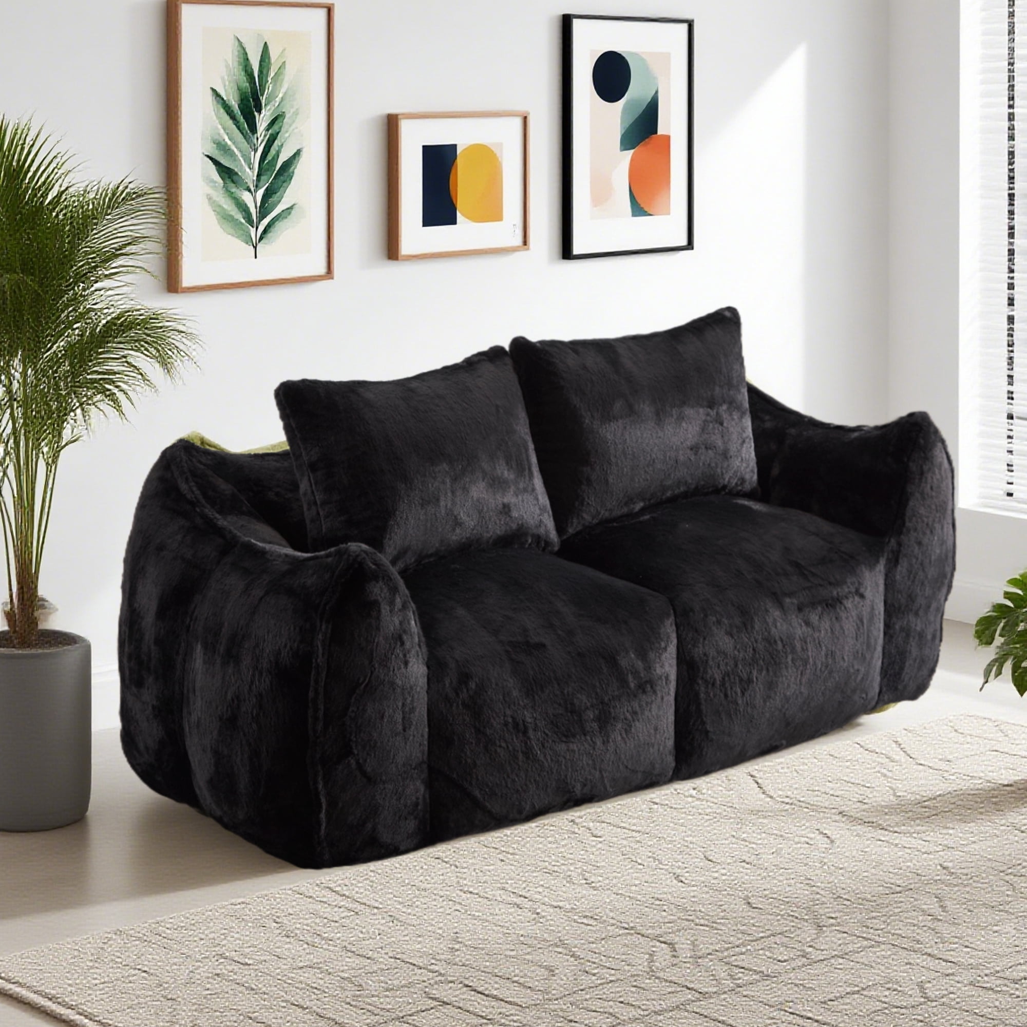 Aukfa Faux Fur Loveseat, 25" Deep Seat Giant Bean Bag Sofa for Living Room, Black