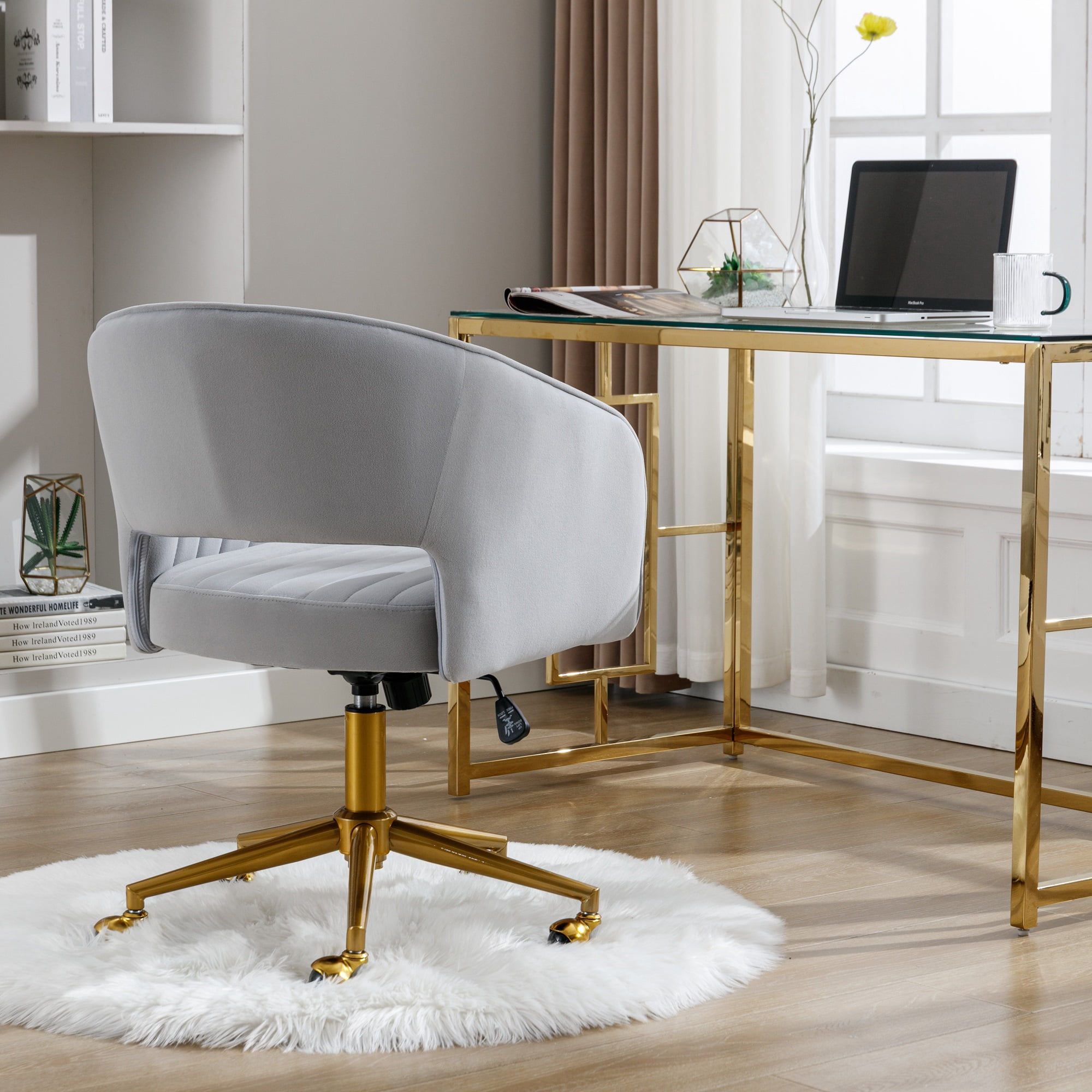 KCC Velvet Office Chair for Women, Swivel Vanity Desk Chair with Gold Base and Wheels, Adjustable Upholstered Chair for Bedroom, Makeup Room and Home Office(Light Gray)