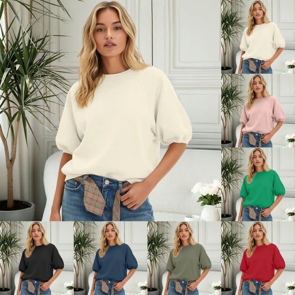 Half Sleeve Sweatshirt Women Oversized Crewneck Puff Sleeve Top Casual Loose Cute Fall Lightweight Sweatshirts