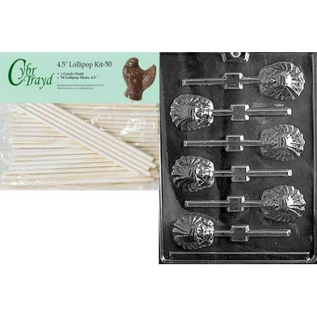 

Cybrtrayd 45St50-T014 Indian Lolly Thanksgiving Chocolate Candy Mold with 50-Pack 4.5-Inch Lollipop Sticks