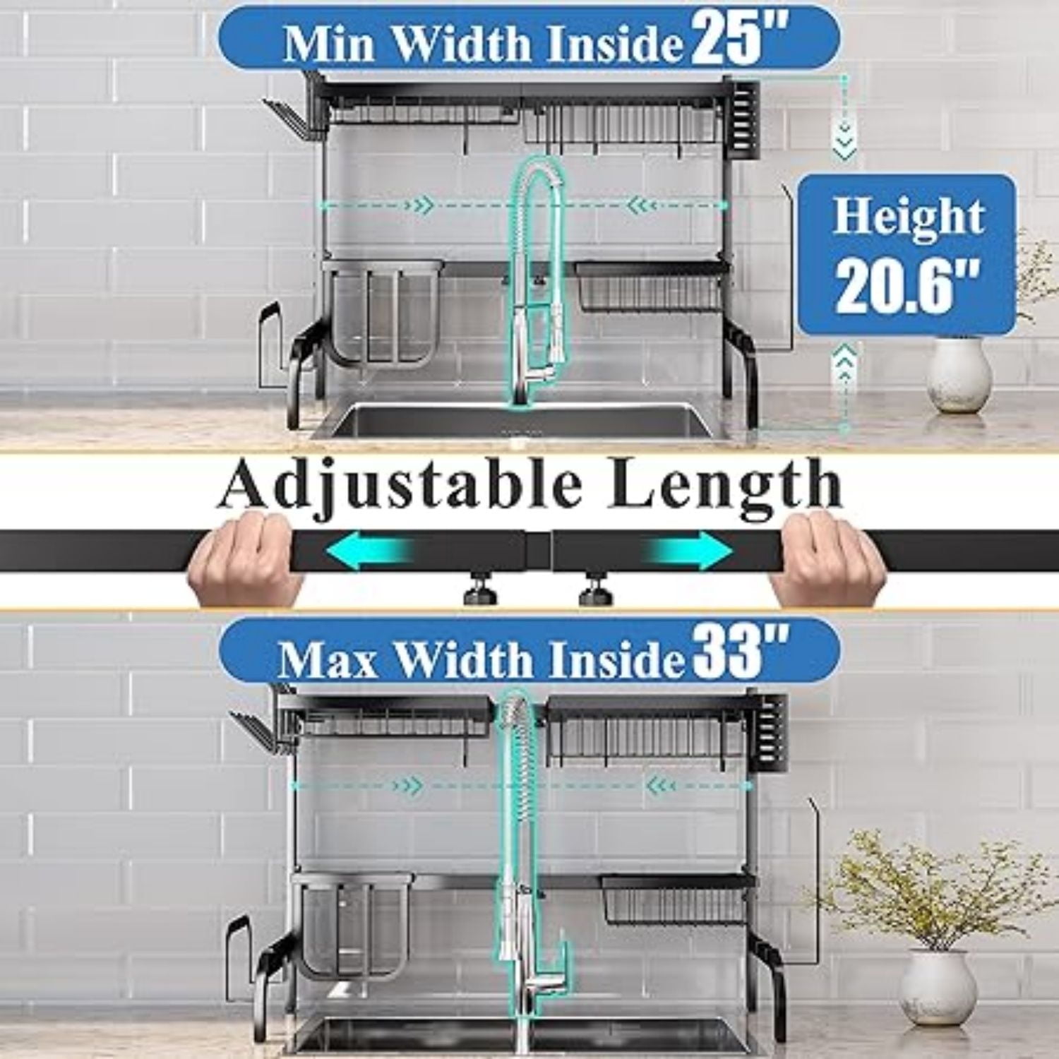 Over The Sink Dish Drying Rack, Adjustable (25.5 to 33.5 inch) 2 Tier Metal Steel Dish Drying Racks for Kitchen Counter with Hooks Paper Towel Utensil Cup Holder Sink Caddy (Black)