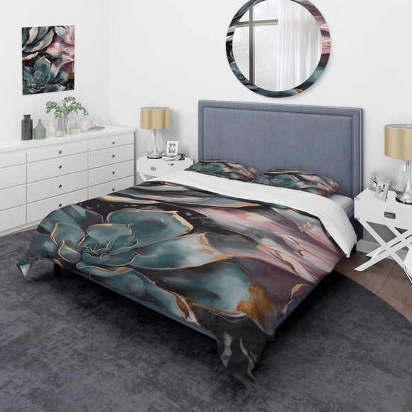Designart "Succulent Serenade Green I" Floral Succulents Bedding Covert Set - Succulent Green Floral Bed Set With 1 Sham