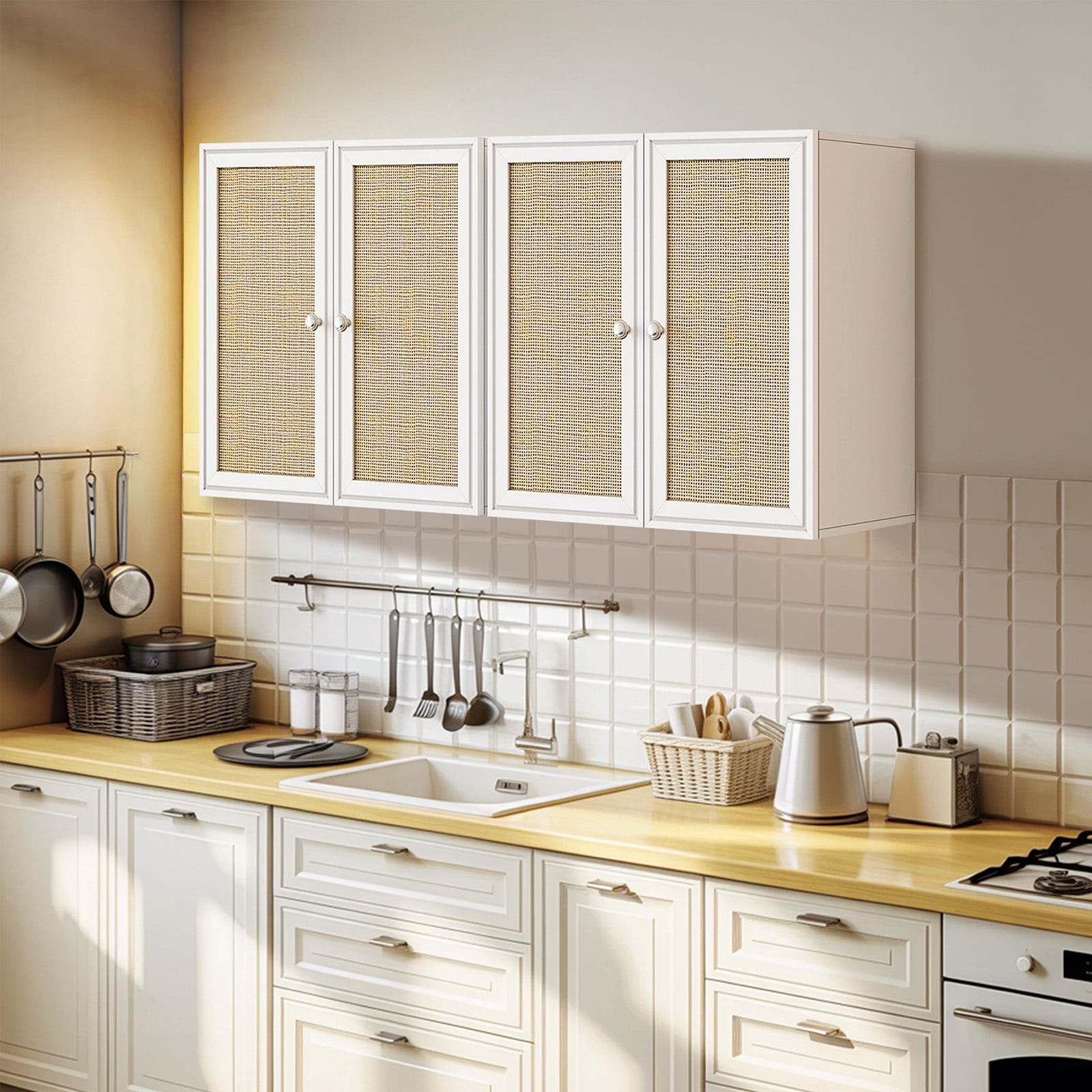 48 Inches Laundry Room Wall Cabinets Bathroom Cabinets Wall Mounted with Adjustable Shelves, Rattan Wall Cabinet for Bedroom, Kitchen, Bathroom