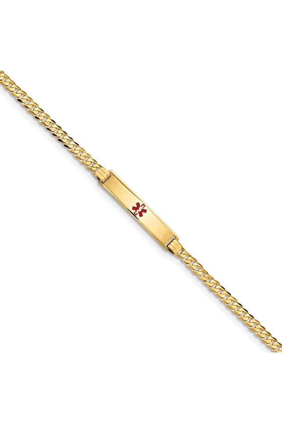 Real 14kt Yellow Gold Medical Red Enamel Curb Link ID Chain Bracelet; 7 inch; for Adults and Teens; for Women and Men