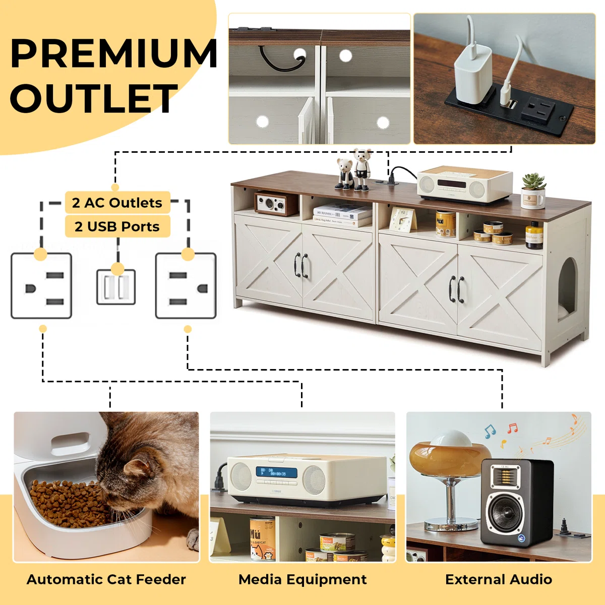 JanflyHome Hidden Litter Box Enclosure & 63"W TV Stand Furniture & Double Litter Box For 2 Cats, Farmhouse Inclosed Litter Boxes For Cats with Outlet Power