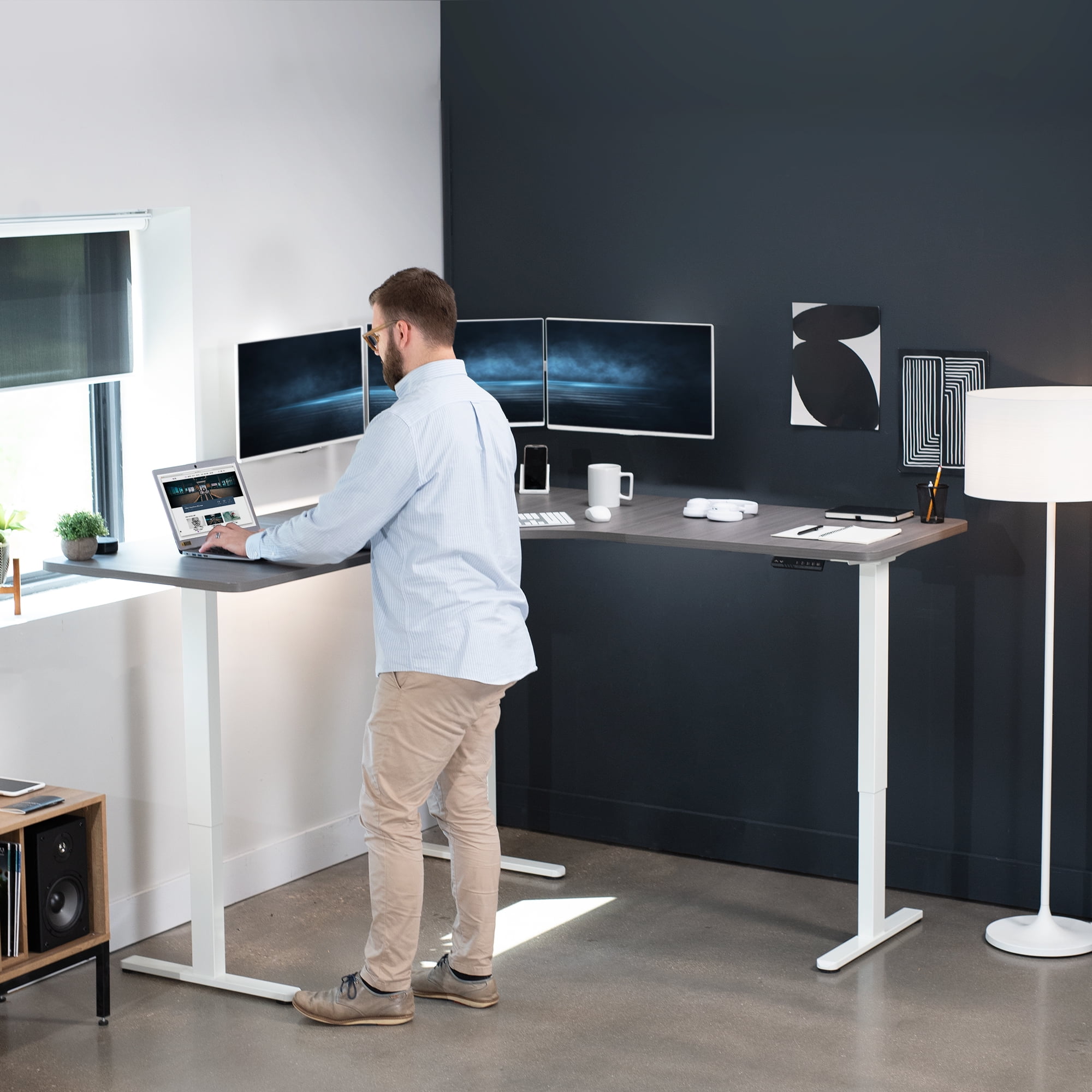 VIVO Dark Gray / White Electric 71" x 71" Curved Corner Stand Up Desk