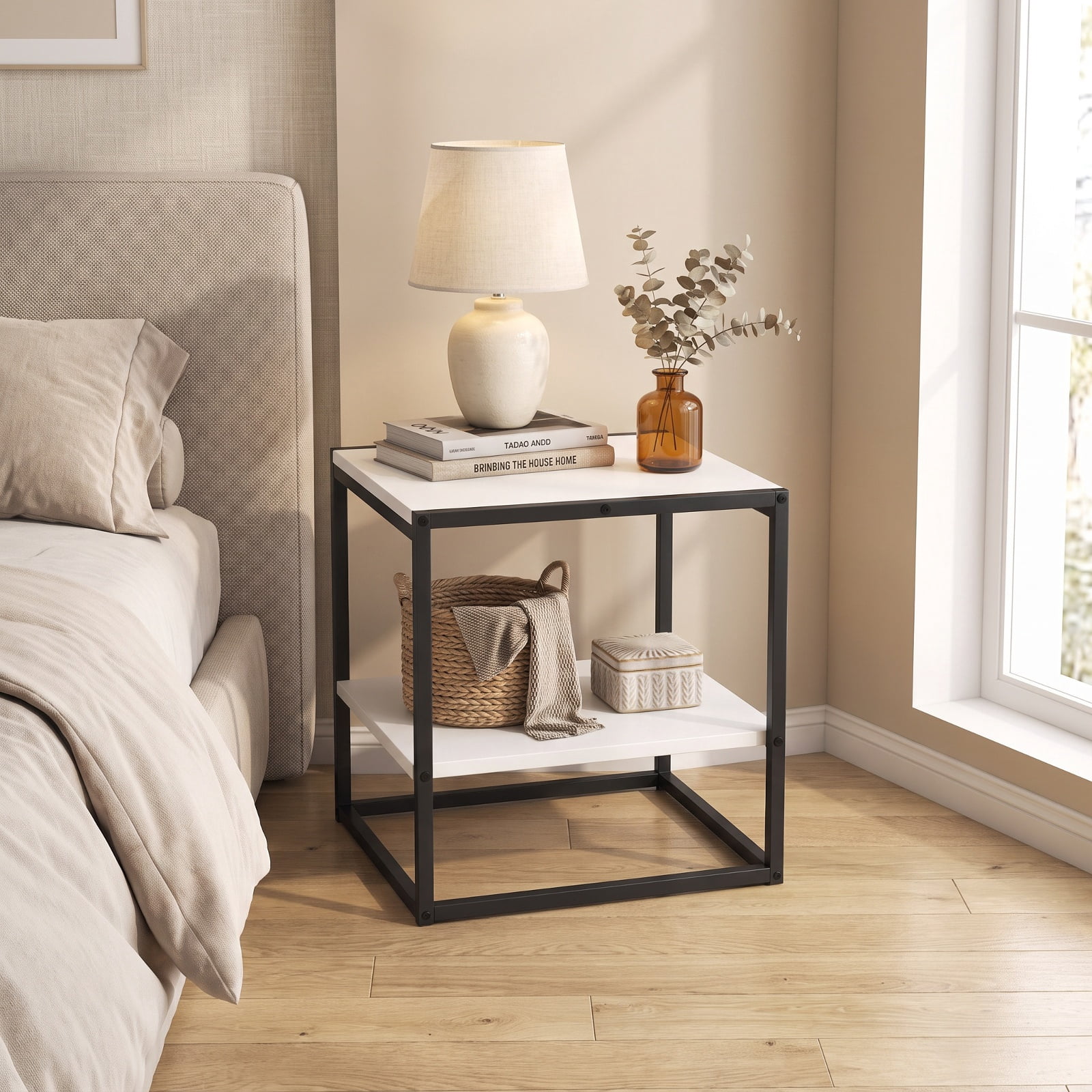 Furnibear 2 Tier Square End Table with Reversible Storage Shelf and Sleek Modern Finish for Living Room and Bedroom, White