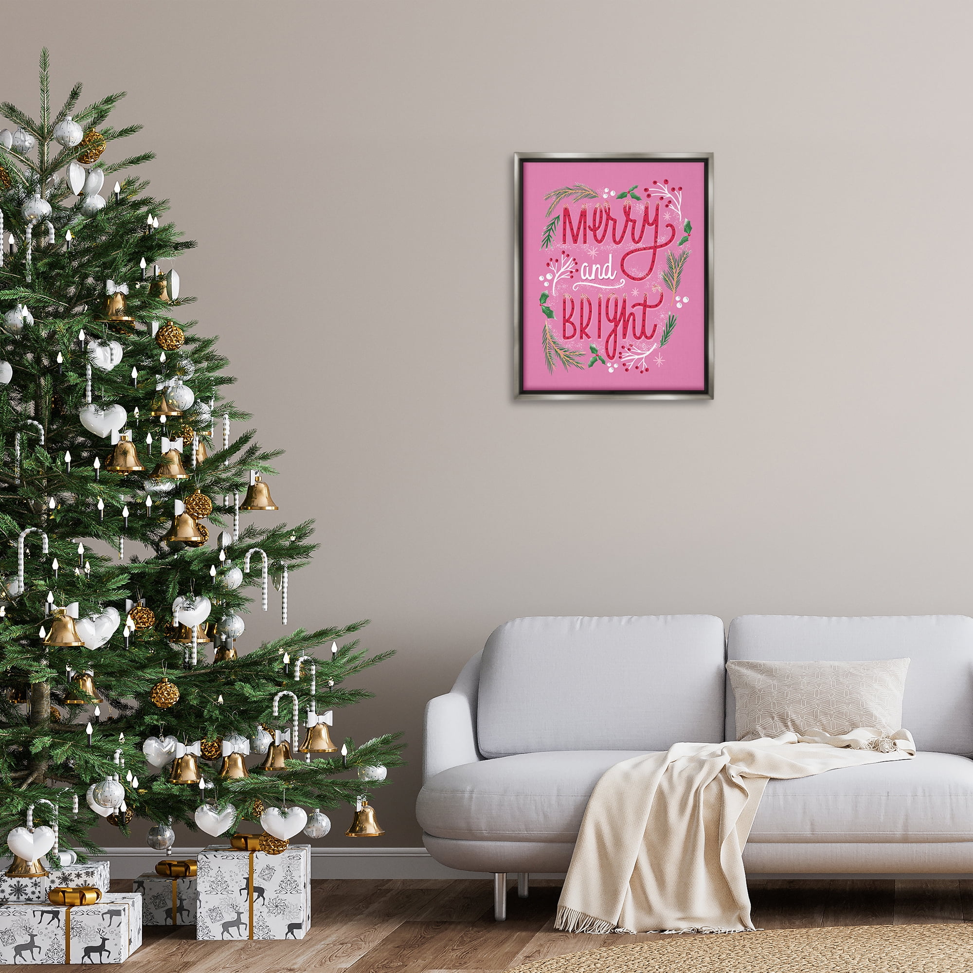 Stupell Industries Merry and Bright Pink Pine Holiday Painting Gray Floater Framed Canvas Art Prints Wall Art, 25 x 31