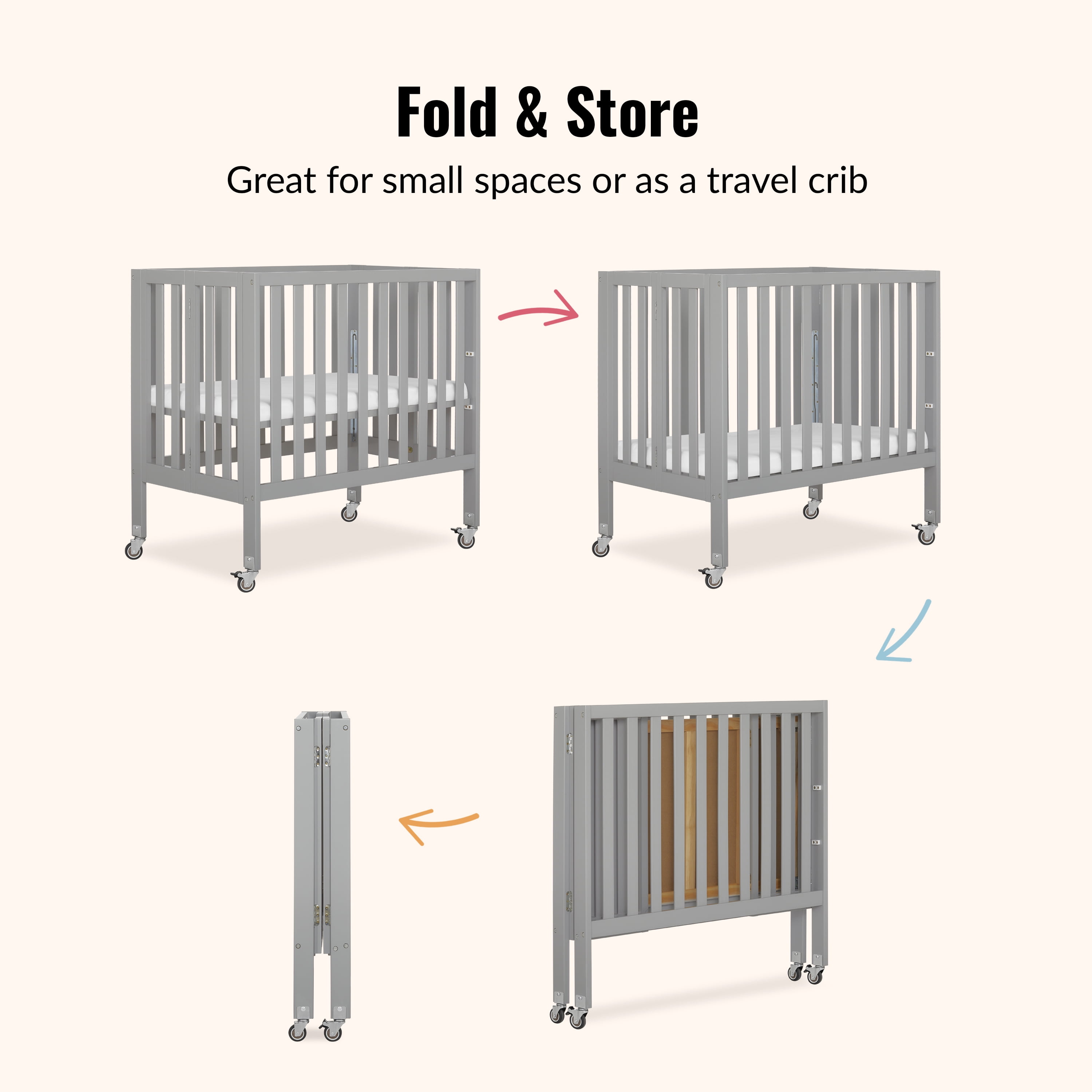 Dream On Me Jett Non-Full Size Folding Crib I Removable Wheels I Modern Nursey I Adjustable Mattress Support I Patent Folding System I Included 2.5” Mattress In Pebble Gray