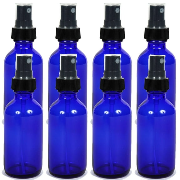 Medical Sales Supply Cobalt Blue 2oz Black Mist Sprayer Bottle (60ml) Pack of 8 - Glass Tincture Bottles with Black Mist Sprayers for Essential Oils & More Liquids - Leakproof Travel Bottles