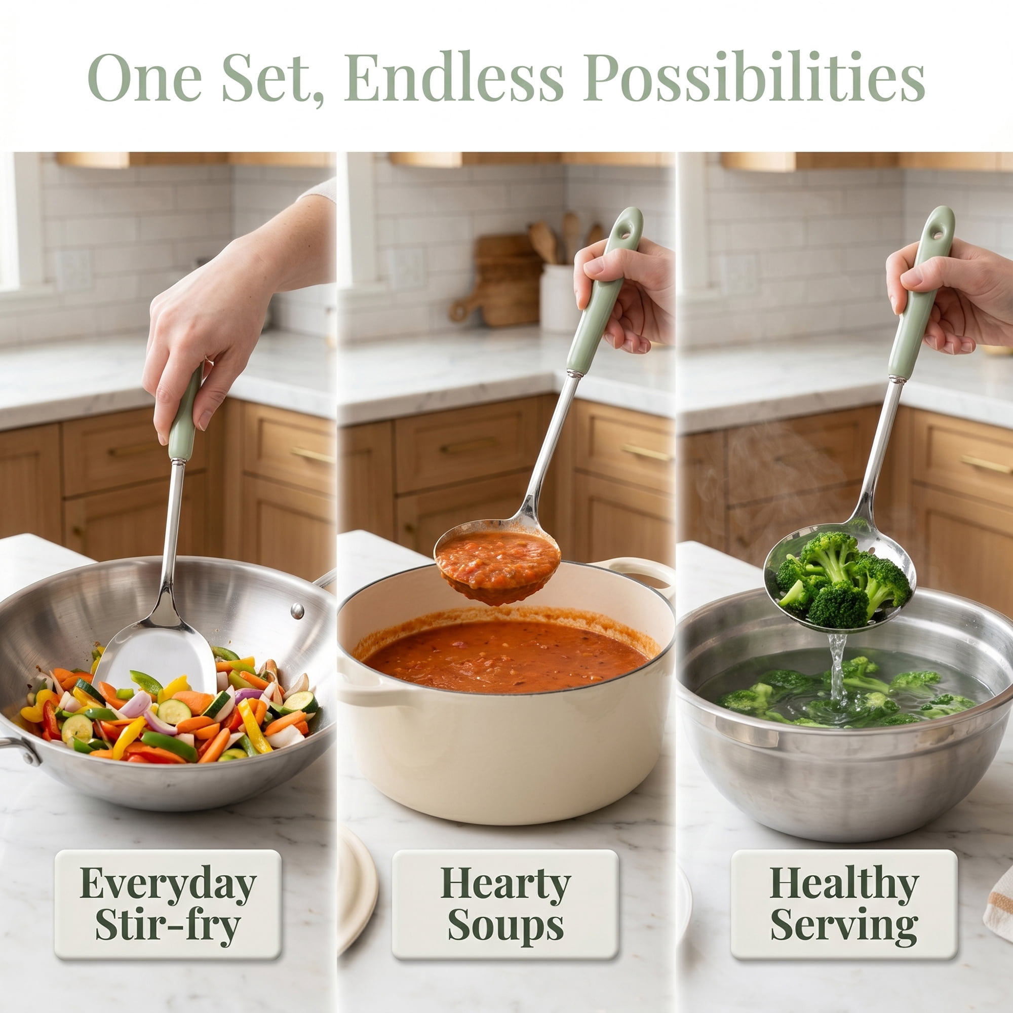 Unique Bargains Color-blocked Kitchen Utensil Set for Home Cooking Green-Silver B 3pcs