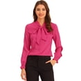 thumbnail image 1 of Blusa elegante con cuello de pajarita para mujer, blusa de gasa de trabajo de manga larga con volantes Rosa Caliente S, 1 of 5