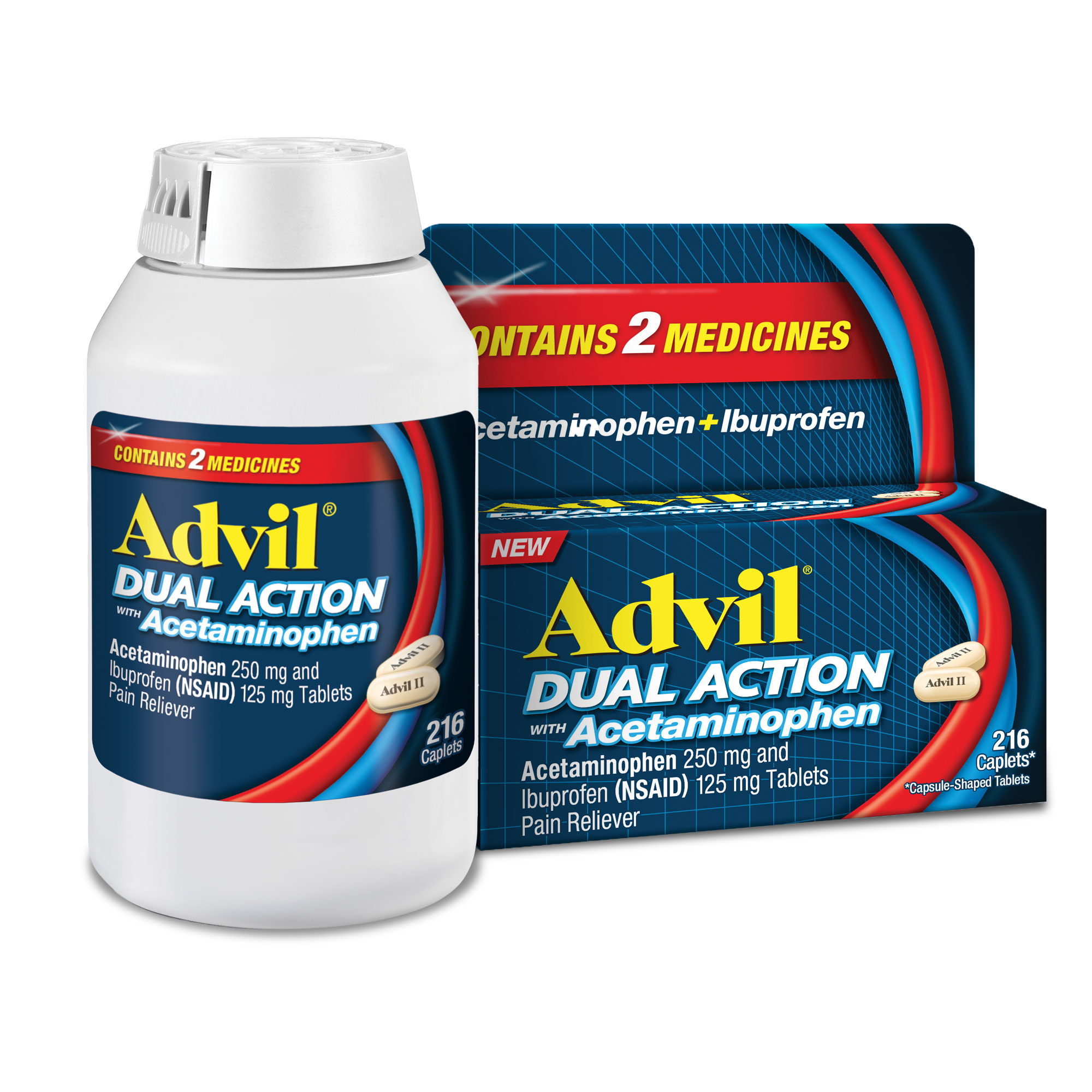 Advil Dual Action Coated Caplets with Acetaminophen, 250 Mg Ibuprofen and 500 Mg Acetaminophen Per Dose (2 Caplet Equivalent) for 8 Hour Pain Relief - 216 Count - image 2 of 6