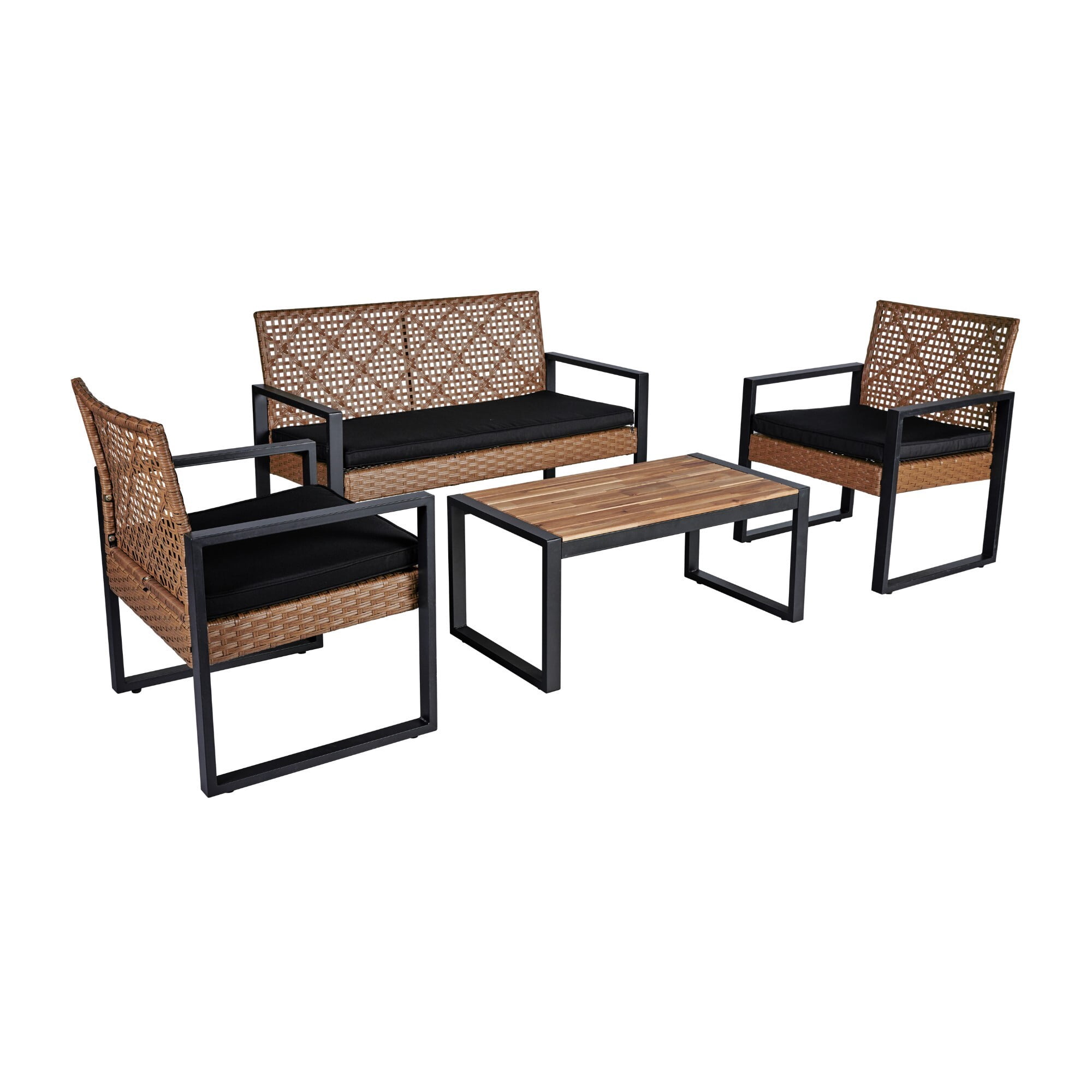 AENKYO 4-Piece Outdoor Patio Conversation Set, PE Rattan Wicker Furniture with Acacia Wood Table Top, Light Brown