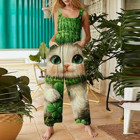 Bodysuit for Women  Women s Jumpsuits  Rompers & Overalls  Womens Jumpsuits  Women s Casual Jumpsuit Sleeveless Four Leaf Print St. Patrick s Day Printed Cotton Jumpsuit  Light Green