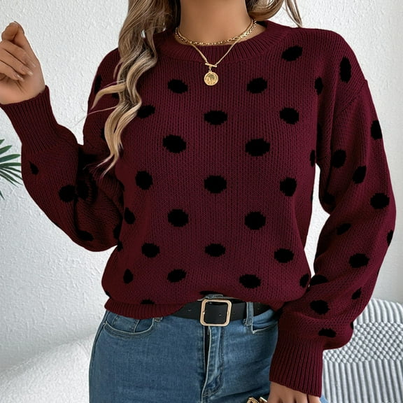 DAFPZW Women's Long Sleeve Sweaters Oversized Winter Crew Neck Polka Dots Ribbed Knit Casual Soft Pullover Sweater Jumper Tops