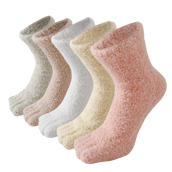 SKOLA Women's Toe socks,Five Finger Socks 5 Pairs,Cozy Crew Socks with Toes for Women Fluffy Fuzzy Plush Sleeping Slipper Socks - Soft Warm Fabric