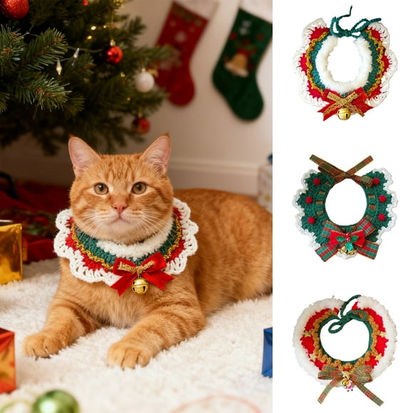 Collares Navideños para Mascotas (Perros y Gatos) Tejidos a Mano En Lana con Lazo y Hilo de Algodón | Rojo | 30 Cm | Ligero | Ajustable | Accesorio Navideño | Regalo para Mascotas | 1 Collar
