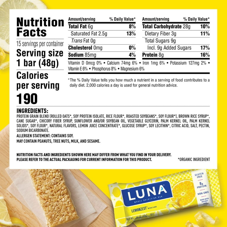 LUNA, Snack Bars, 1.69 oz, Lemonzest Flavor, Gluten-Free - Walmart.com