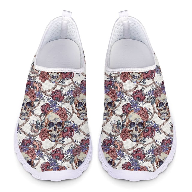 Doginthehole - Zapatos góticos para mujer, zapatillas de verano planas de malla ligera, zapatillas sin cordones con estampado de calaveras de azúcar para mujer, zapatos de mujer para niñas