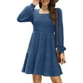 thumbnail image 2 of Ashirexll Womens Dresses Fall Slim Waist Casual Solid Color Lantern Sleeve Knitted Square Neck with Pocket Knit Pit Stripe Dress Blue M, 2 of 7
