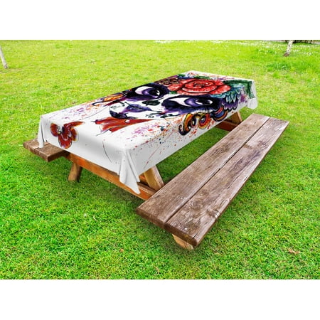 

Sugar Skull Outdoor Tablecloth Watercolor Painting Style Girl Face with Make Up and Floral Crown Big Eyes Decorative Washable Fabric Picnic Tablecloth 58 X 120 Inches Multicolor by Ambesonne