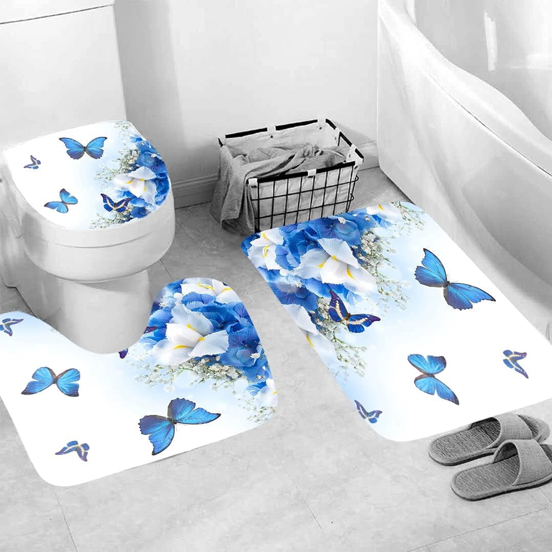 4PCS Mushroom Bathroom Shower Curtain Set with Rugs, Toilet Lid Cover and Bath Mat, Moon and Stars with 12 Hooks, Durable Bathroom Decor Set 701.9x70.9in