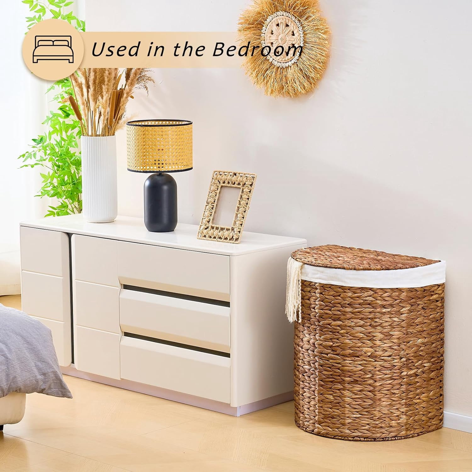 Casa Pura Furniture Espresso Half Round Wicker Laundry Hamper with Lid and 2 Removable Liner Bags, Handwoven Water Hyacinth Dirty Clothes Storage Basket