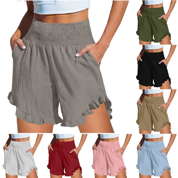 Bloomae Ruffled Trim Shorts for Women Casual Smoked Elastic High Waist Beach Vacation Short Pants Loose Wide Leg Pull On Shorts with Pockets Khaki M