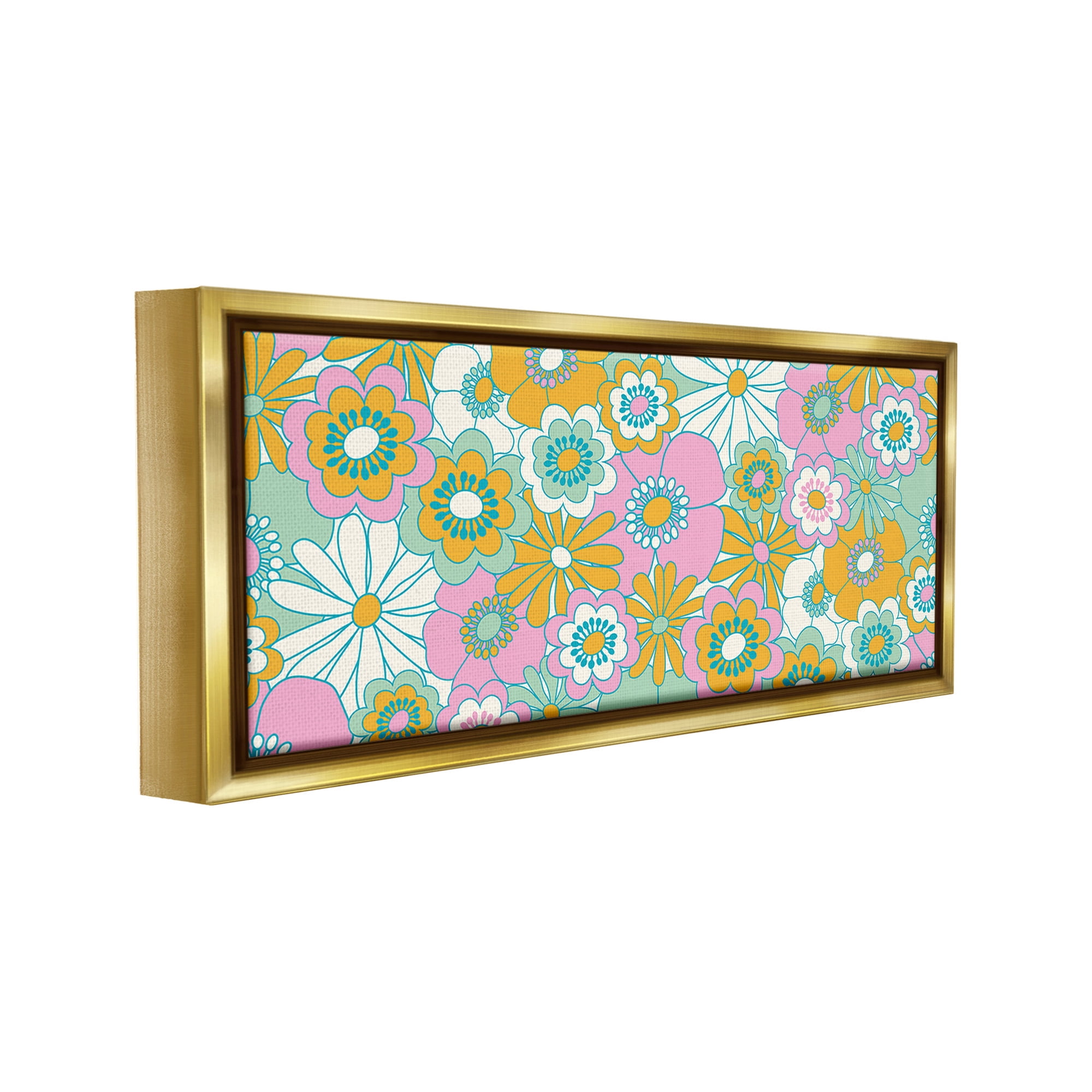 Stupell Industries Retro Flower Pattern Botanical & Floral Painting Gold Floater Framed Canvas Art Print Wall Art, 31 x 14