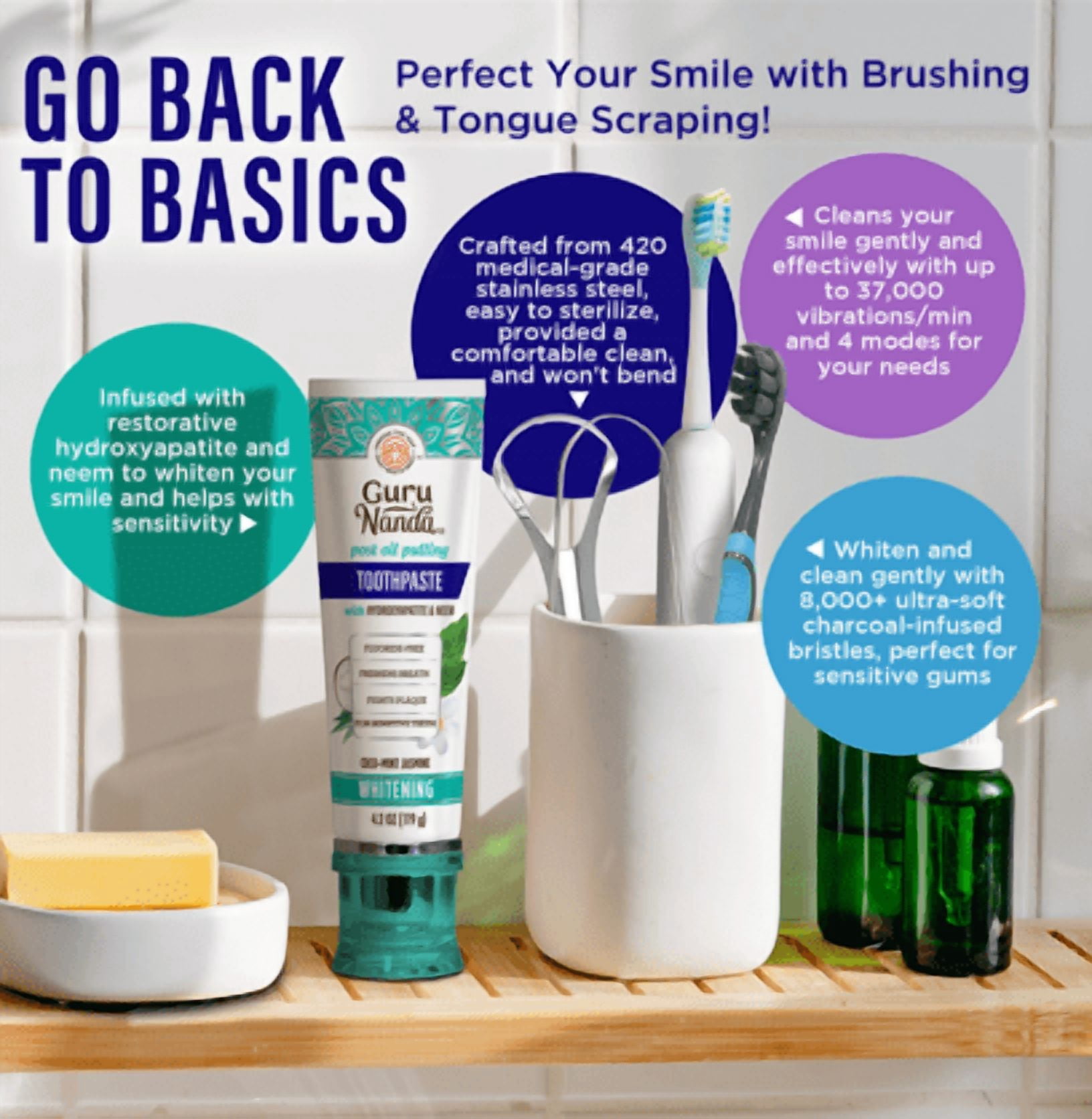 GuruNanda 7-Step Regimen 2.0 Oil Pulling, Alcohol-Free & Fluoride-Free Mouthwash, Whitening Strips, Toothpaste for Complete Oral Hygiene