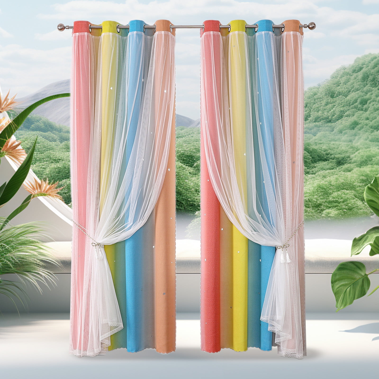 2-in-1 Double-Layer Kids & Girls Unicorn Princess Ombre Blackout Curtains with Foil Print Sheer,Panels for Bedroom, Nursery, Living Room - Yellow Purple Blue, 52W x 63L