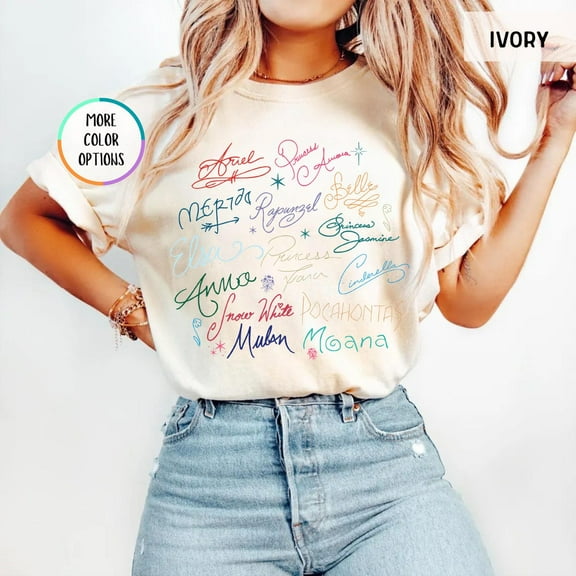 Comfort Colors Disney Princess Signature T-Shirt, Vintage Style Princess Autograph Tee, Disney Girls Trip, Disneyland Vacation Shirt