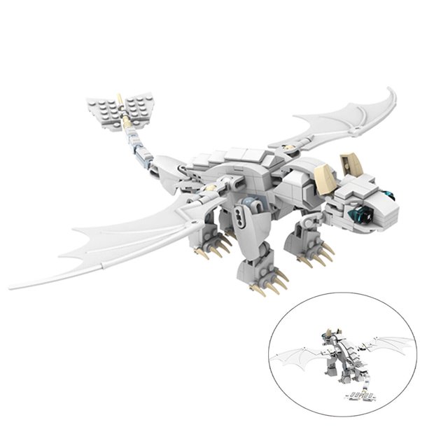 Toothless Night Light Fury Dragon Building Blocks Set MOC Bricks Educational Toy with 233 white ABS plastic pieces. This building blocks toy resembles the Night Fury dragon from 'How to Train Your Dragon,' featuring articulated wings, claws, and tail. Includes PDF instructions for assembly. An educational construction set suitable for children and adults, compatible with major brands.