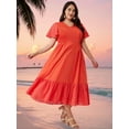 thumbnail image 6 of LapaPlus Women's Plus Size Dress XL-6XL Summer Vacation Short Sleeve Smocked Ruffle Midi Dresses with Pockets, 6 of 15