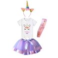 thumbnail image 1 of Falda tutú en capas oso de fresa para niñas con camiseta de unicornio y Diadema morado 3-4 años, 1 of 1