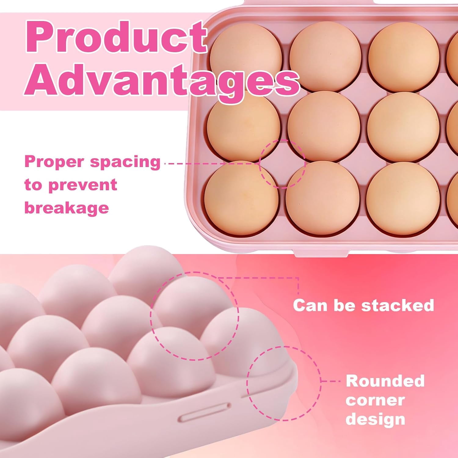 ABPETE Large Capacity Outdoor Egg Holder, Plastic Egg Fresh Carrier Egg Storage Container Organizer Box for Fridge, Stackable Egg Holder for Refrigerator Picnic Hiking Travel, 18 Eggs Tray Pink