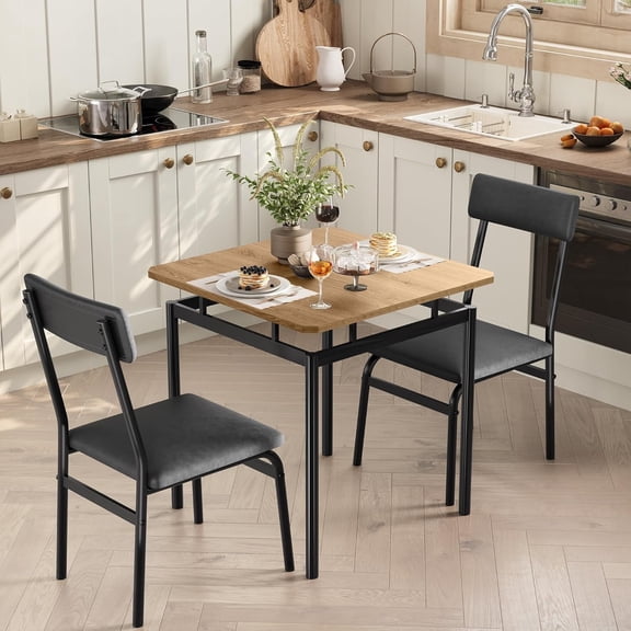3-Piece Dining Table Set for 2, Small Kitchen Table and 2 PU Upholstered Chairs, Space-Saving Metal Frame Dinette, for Apartment, Dining Room, Black