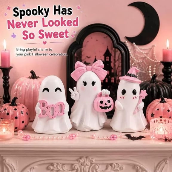 CHJK 3 Pcs Pink Halloween Ghost Figurines Decor, Cute Kawaii Pastel Halloween Decor with Pumpkin, Small Resin Desk Statue Decorations for Tiered Tray, Gifts for Women