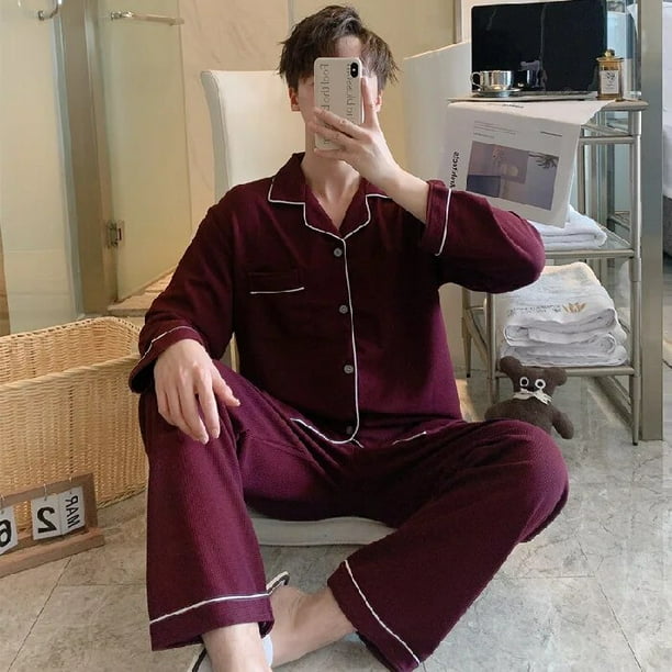 Conjunto de pijama de gofre suave para hombre ropa de dormir para dormitorio pantalones de manga larga ropa de casa de moda ropa de noche para hombre 2 piezas Walmart en linea