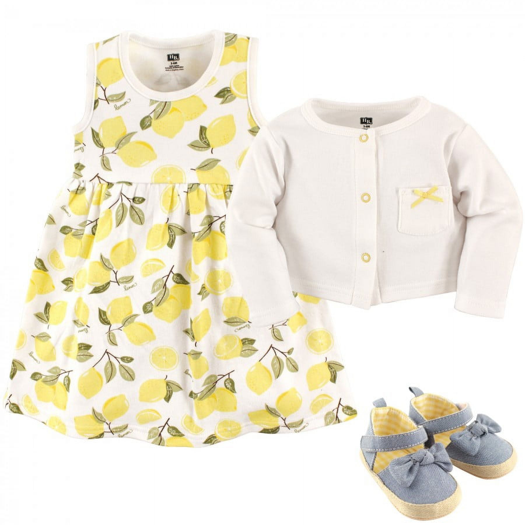 Hudson Baby Infant Girl Cotton Dress, Cardigan and Shoe 3pc Set, Lemon, 12-18 Months