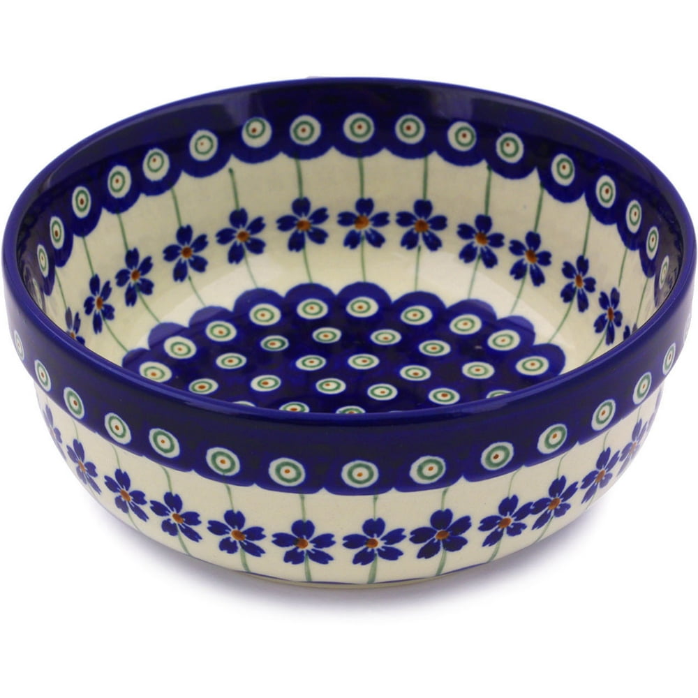 Polish Pottery 6inch Bowl (Flowering Peacock Theme) Hand Painted in
