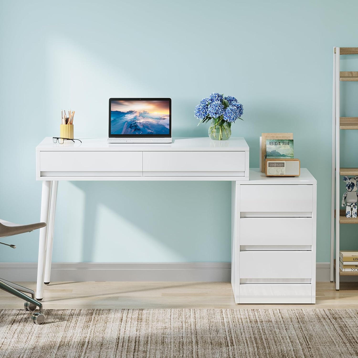 Finmind White Desk with 5 Drawers, Modern Home Office Desk with Storage Drawers and Printer Stand, Reversible Computer Desk Vanity Desk for Bedroom, Living Room
