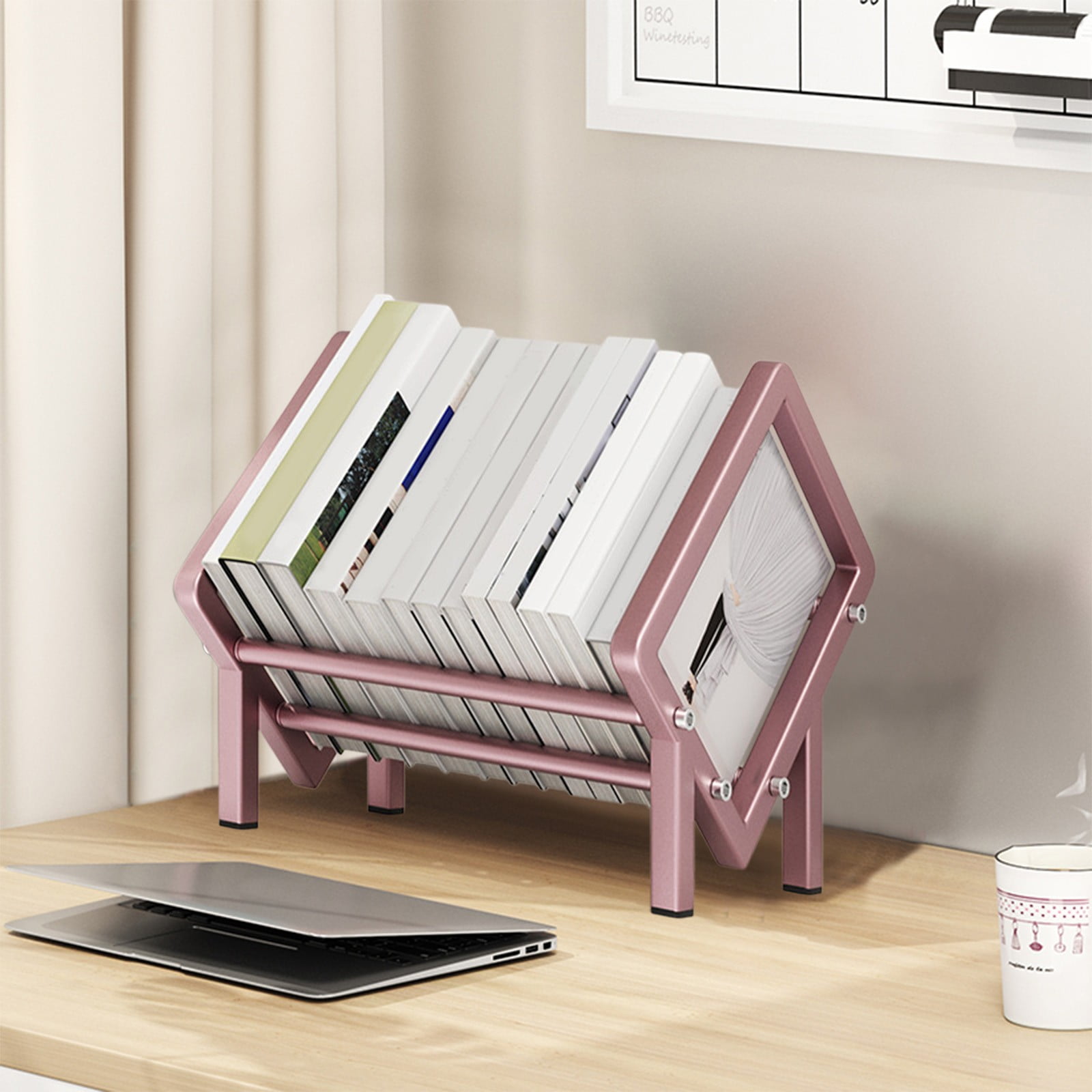 Merryso Stainless Steel Desktop Bookshelf, Rose Gold Small Desk Book Rack, Rustproof Durable Desk Organizer for Office Student, Compact Book Storage Shelf