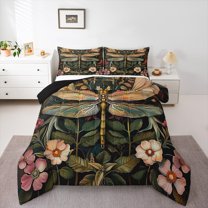 Manfei Tribal Dragonfly Animal Queen Comforter Set, Mystic Rustic Flower Plant Bedding Sets, Teens Kids Child Reversible Bedding Comforter Set, Ultra Soft Home Decor, 3pcs
