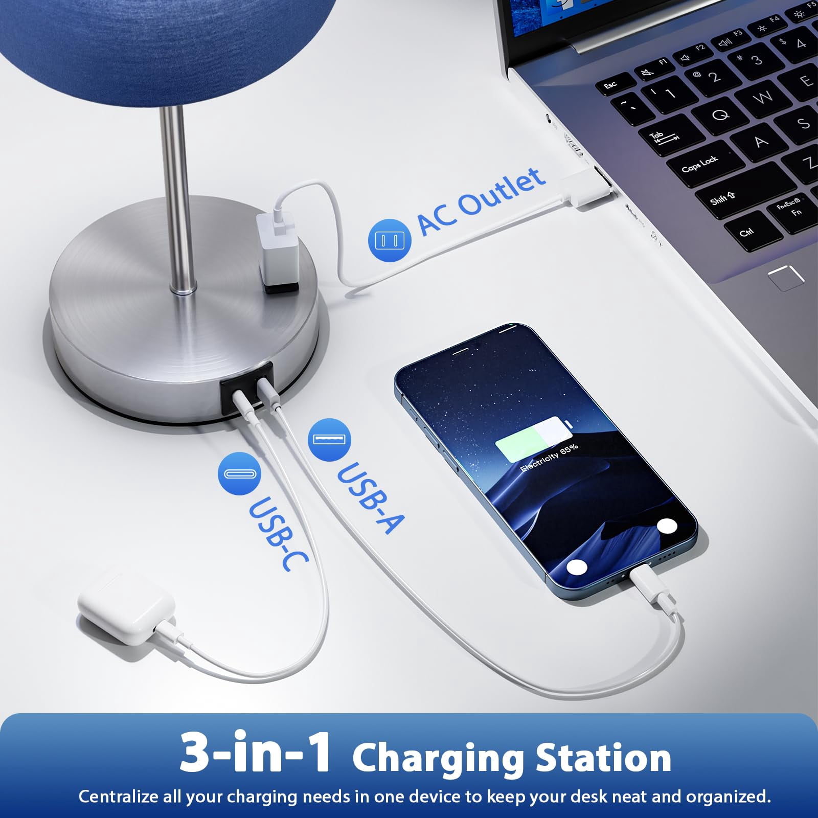 Blue Touch Lamps For Nightstand Set Of 2 - Bedside Table Lamp Bedroom With Dual Usb Ports & Ac Outlet  3-way Dimmable Living Room Night Light 5000k Daylight Bulbs