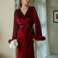 thumbnail image 4 of Oplxuo Women's Feather Trim Velvet Robe Long Belted Sleepwear Elegant Kimono Bride Wedding Party Bachelorette Bathrobe, 4 of 5