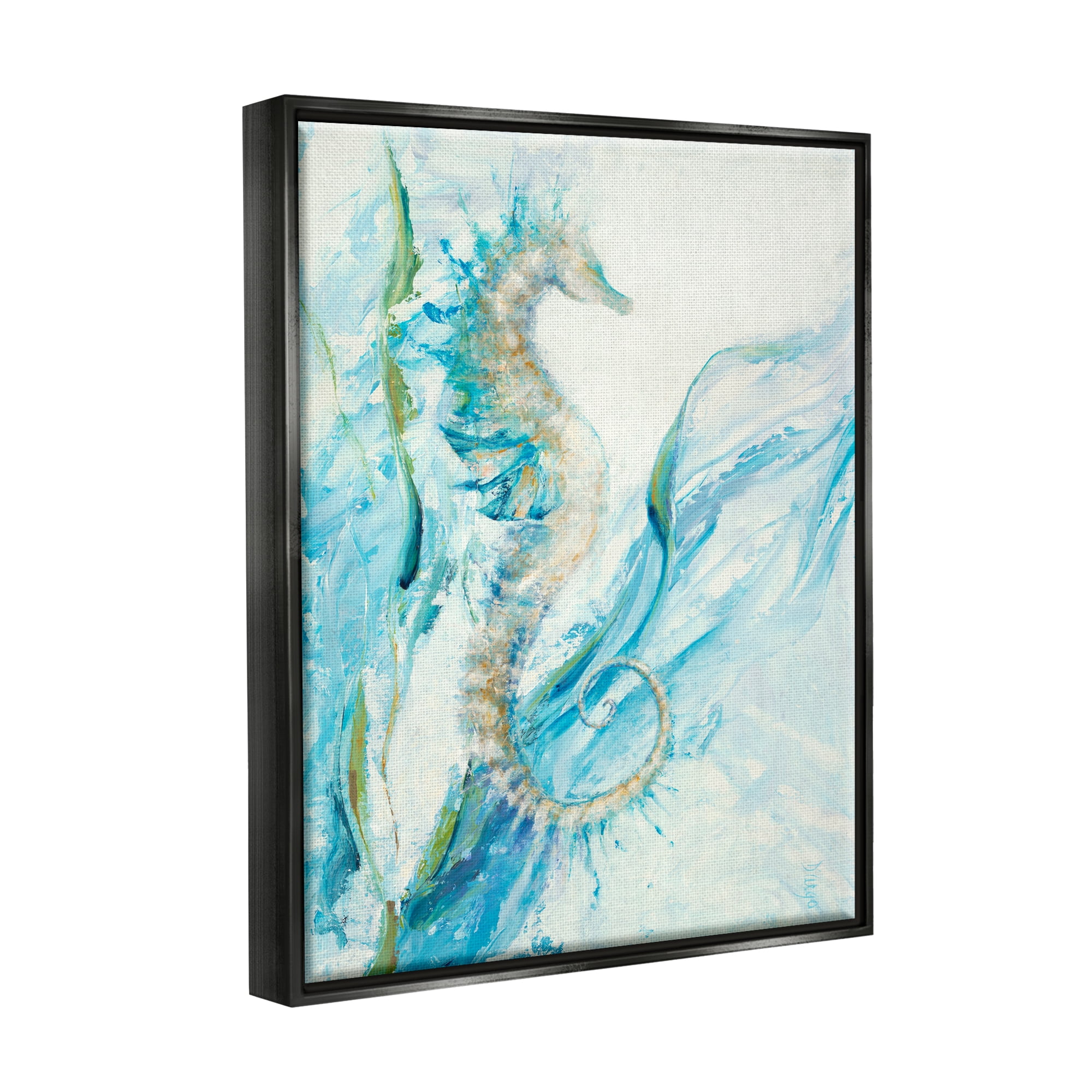 Stupell Industries Nautical Seahorse Blue Fluid Ocean Water Jet Black Framed Floating Canvas Wall Art, 24x30, by Third and Wall