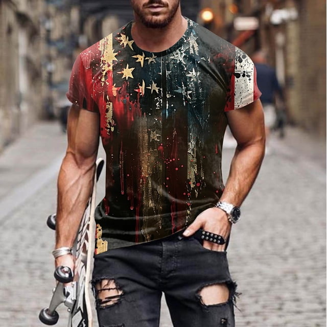 Blusas y camisas de manga corta y cuello redondo para hombre. Blusas de manga corta con cuello redondo y estampado del Día de la Independencia para hombre. Blusa para hombre.