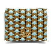 New Fendi Calf Leather F Logo Blue Brown Small Bifold Wallet 8M0420